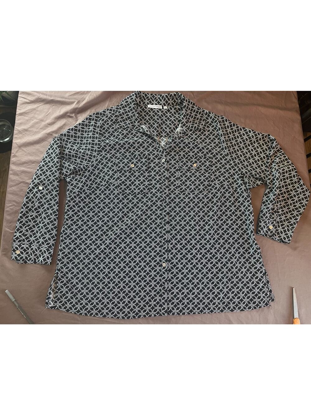 Notations 3X Button Down Black and White Career Plus Roll Tab Sleeve